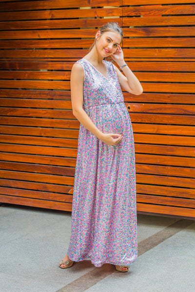 Lilac Sequence Maternity & Nursing Dress momzjoy.com