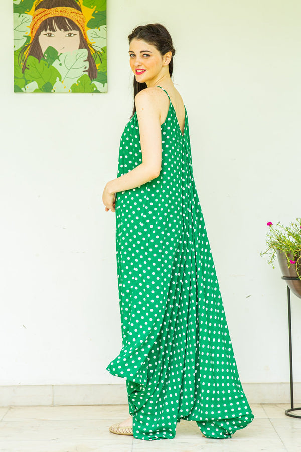 Emerald Green Polka Cotton Maternity Jumpsuit momzjoy.com