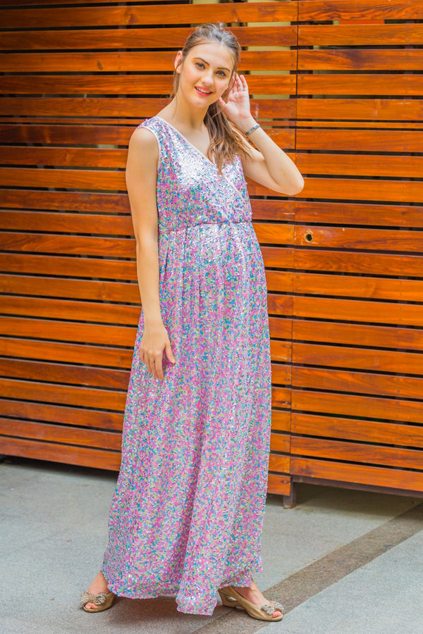 Lilac Sequence Maternity & Nursing Dress momzjoy.com