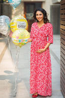 Candy Red Floral Maternity & Nursing Wrap Dress - MOMZJOY.COM