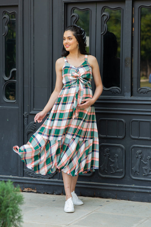 Royal Coral Plaid Dual Bow Maternity Dress momzjoy.com