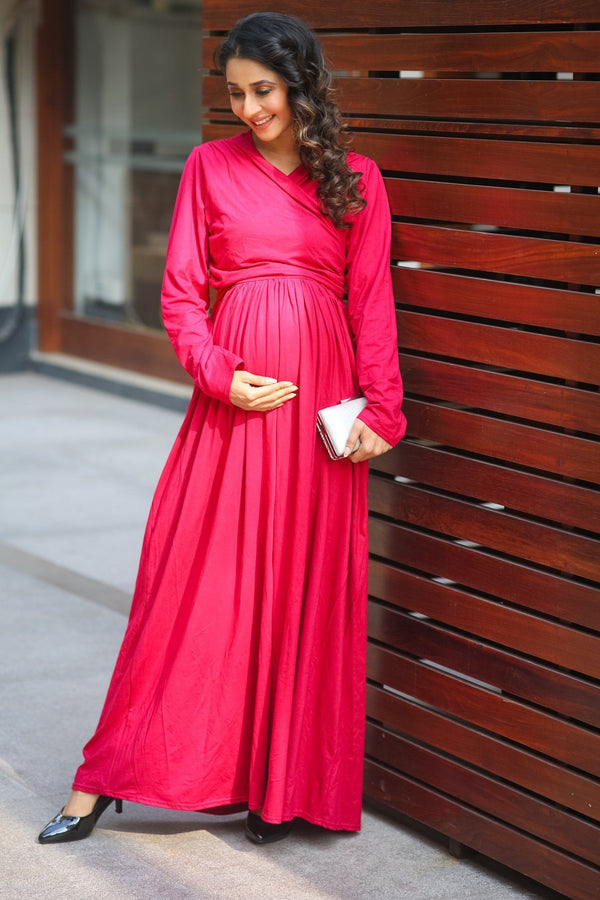 Royal Carnation Maternity & Nursing Lycra Wrap Dress momzjoy.com