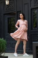 Coral Shimmer Striped Maternity & Nursing Flair Dress MOMZJOY.COM