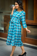 Chic Sky Blue Plaid Maternity & Nursing Tie Dress - MOMZJOY.COM