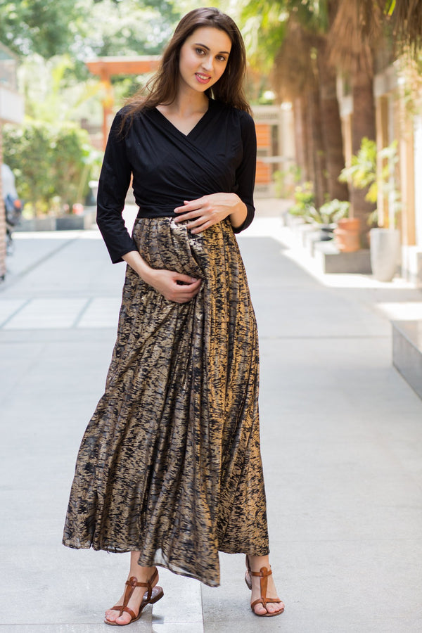 Luxe Gold Maternity & Nursing Wrap Dress MOMZJOY.COM