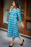 Chic Sky Blue Plaid Maternity & Nursing Tie Dress - MOMZJOY.COM