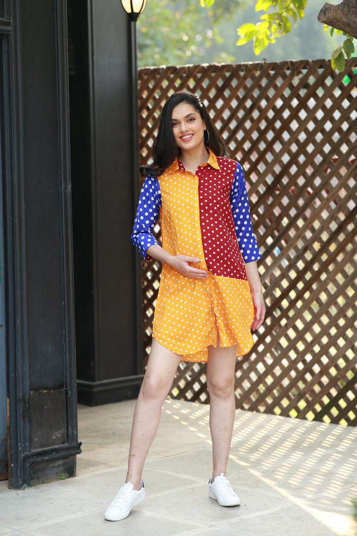 Jolly Colorful Merry Dotted Versatile Nursing Shirt Dress momzjoy.com