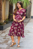 Burgandy Floral Frill Crepe Concealed Zips Maternity & Nursing Dress - MOMZJOY.COM
