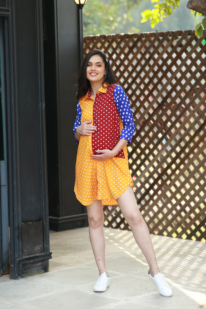 Jolly Colorful Merry Dotted Versatile Nursing Shirt Dress momzjoy.com