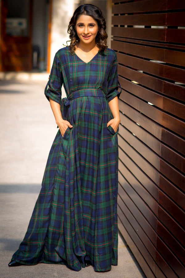 Nautical Deep Green Plaid Maternity & Nursing Maxi Dress - MOMZJOY.COM