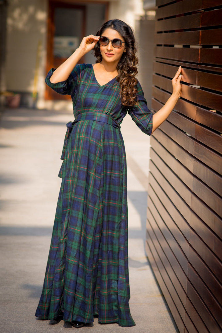 Nautical Deep Green Plaid Maternity & Nursing Maxi Dress - MOMZJOY.COM