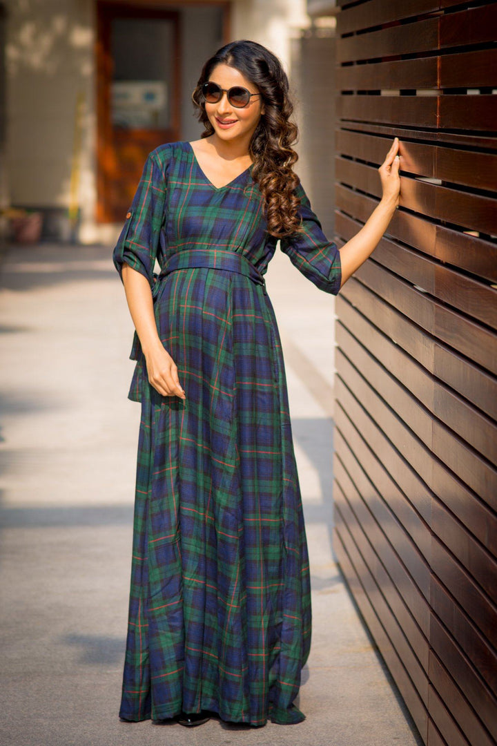 Nautical Deep Green Plaid Maternity & Nursing Maxi Dress - MOMZJOY.COM