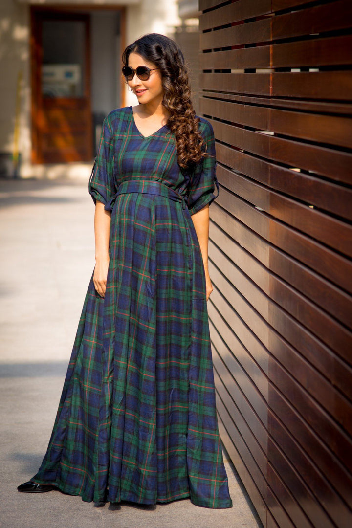 Nautical Deep Green Plaid Maternity & Nursing Maxi Dress - MOMZJOY.COM