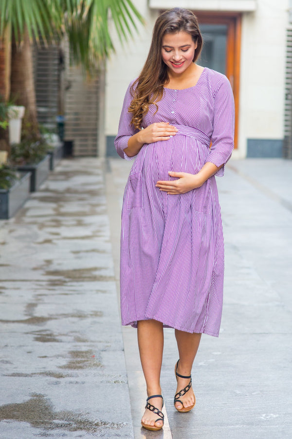 Purple Striped Pocket Maternity & Nursing Dress momzjoy.com