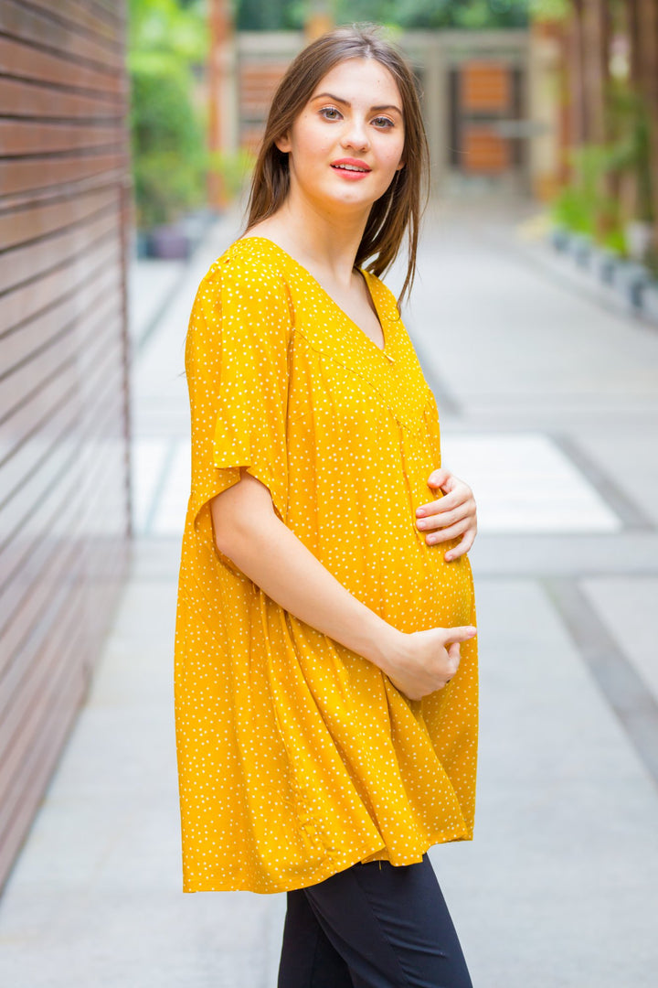 Yellow Polka Boho Maternity & Nursing Top momzjoy.com