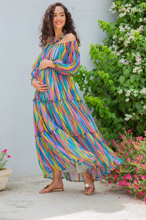 Cascading Colorful Chiffon Halter Maternity & Nursing Frill Dress momzjoy.com