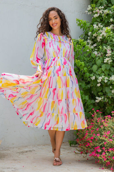 Premium Timeless Colorful Formal Maternity & Nursing Pintucks Frill Dress momzjoy.com