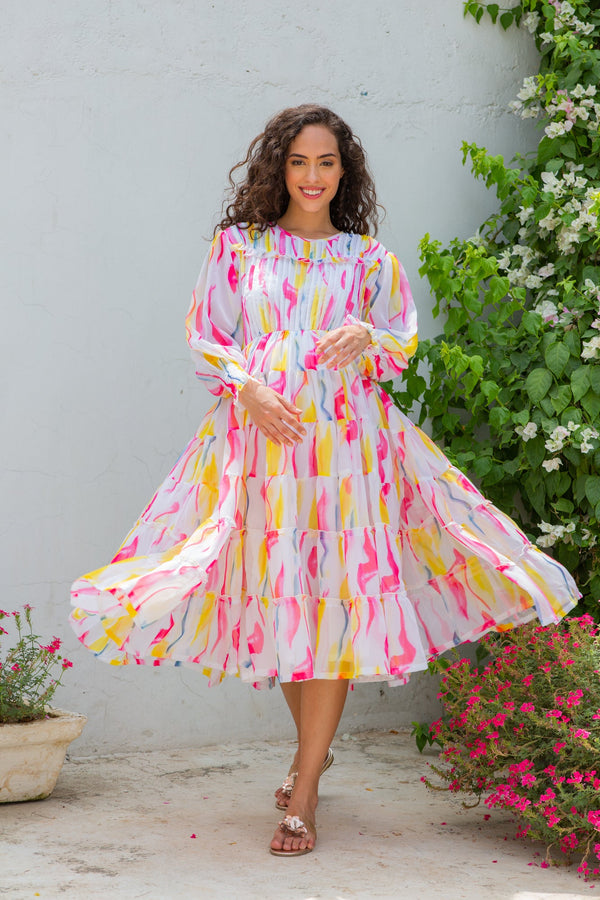 Premium Timeless Colorful Formal Maternity & Nursing Pintucks Frill Dress momzjoy.com