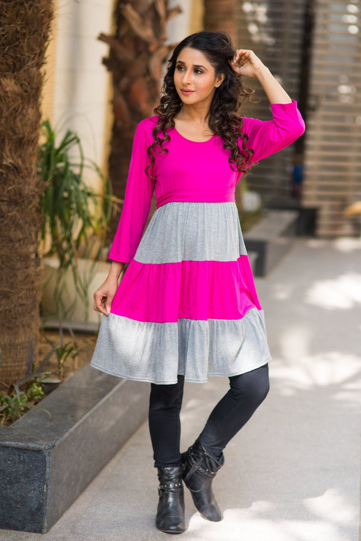 Versatile Grey Pink Layer Maternity Dress Top momzjoy.com