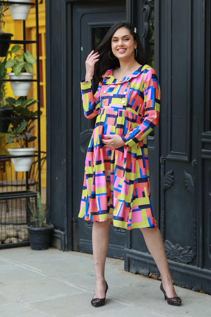 Premium Bubblegum Abstract Chic Collared Maternity Dress momzjoy.com