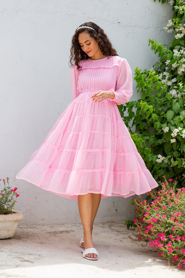 Premium Vintage Blush Formal Maternity & Nursing Pintucks Frill Dress momzjoy.com