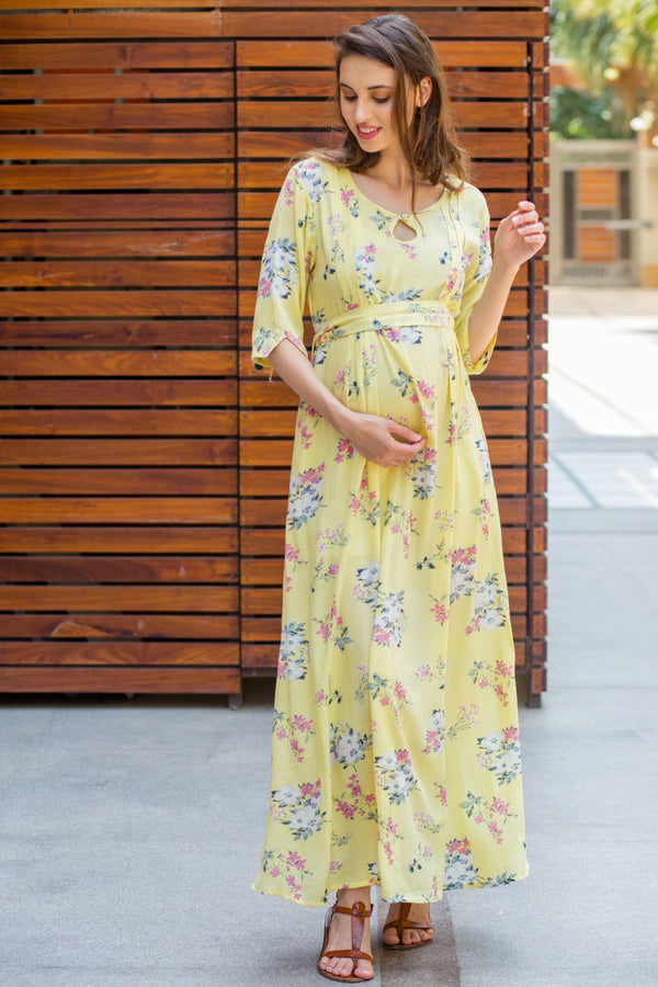 Pastel Yellow Flair Maternity & Nursing Dress momzjoy.com