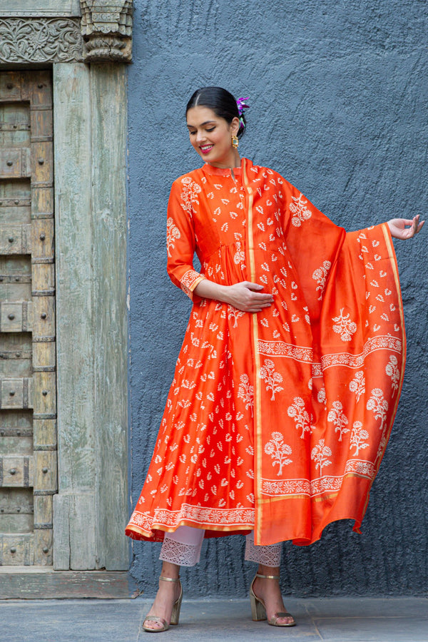 Premium Tangerine Chanderi Maternity & Nursing Kurta + Bump Band Bottom +Dupatta (3 pc) momzjoy.com