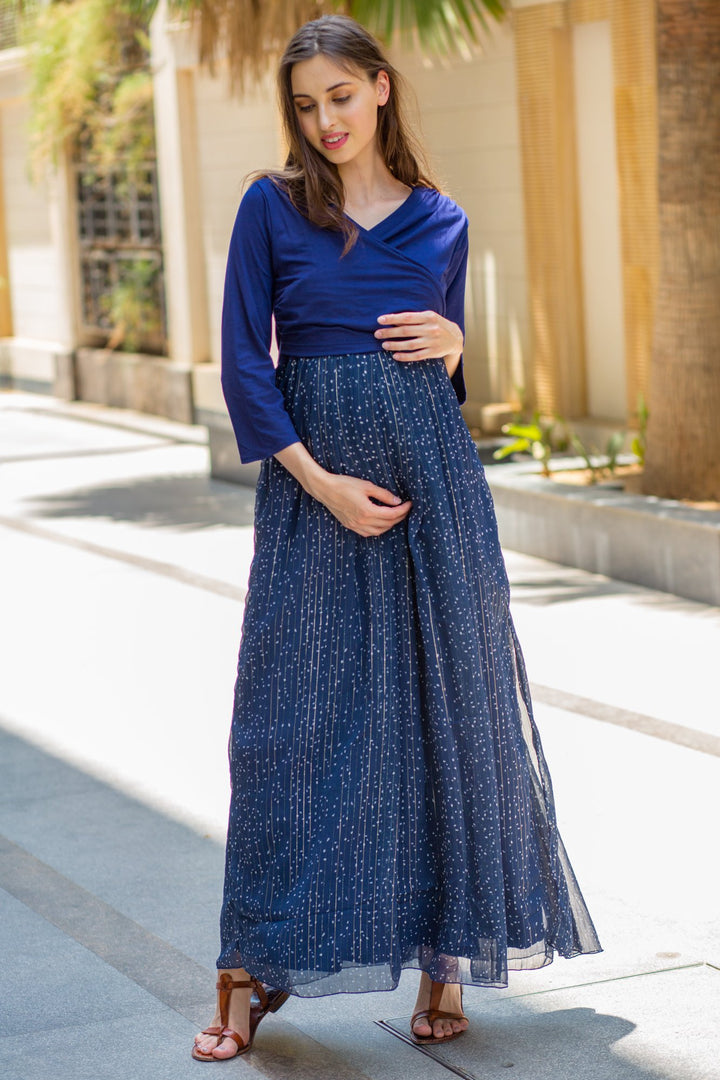 Luxe Blue Chiffon Navy Maternity & Nursing Wrap Dress MOMZJOY.COM