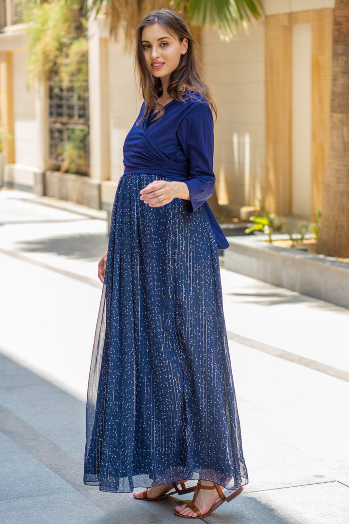 Luxe Blue Chiffon Navy Maternity & Nursing Wrap Dress MOMZJOY.COM