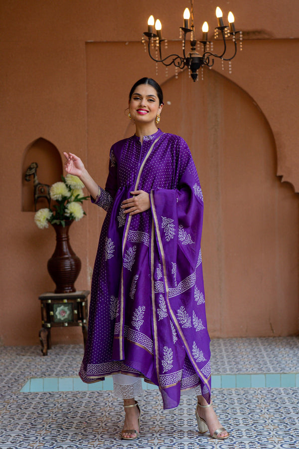 Premium Luxe Lavender Chanderi Maternity Kurta + Bump Band Bottom + Dupatta (3 pc) momzjoy.com