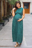 Bottle Green Polka Maternity & Nursing  Front Zip Dress momzjoy.com
