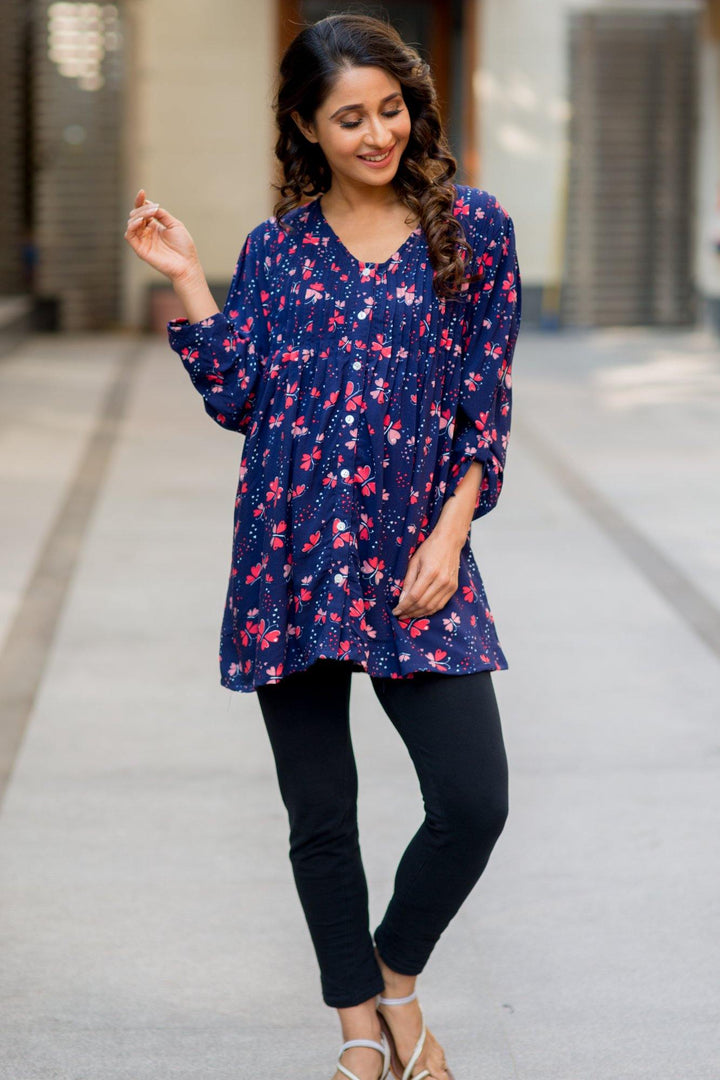 Midnight Blue Pintucks Maternity and Nursing Shirt - MOMZJOY.COM