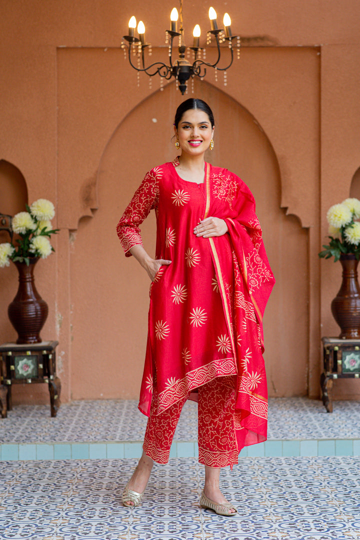 Premium Cherry Red Chanderi Maternity Kurta + Bump Band Bottom + Dupatta (3 pc) momzjoy.com