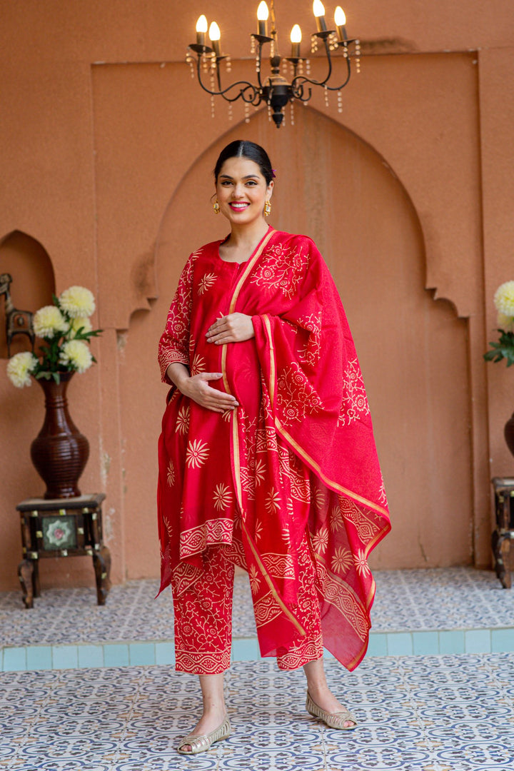 Premium Cherry Red Chanderi Maternity Kurta + Bump Band Bottom + Dupatta (3 pc) momzjoy.com