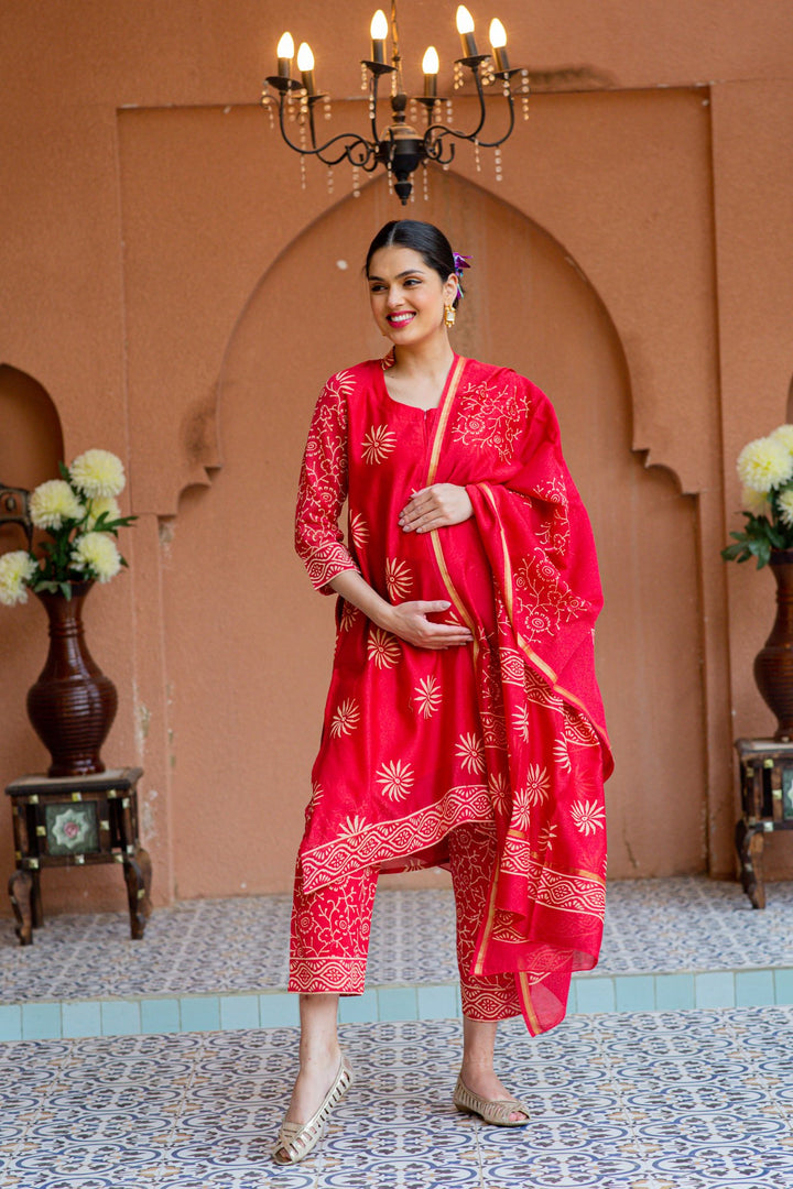 Premium Cherry Red Chanderi Maternity Kurta + Bump Band Bottom + Dupatta (3 pc) momzjoy.com