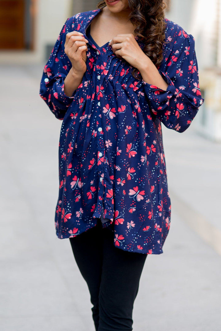 Midnight Blue Pintucks Maternity and Nursing Shirt - MOMZJOY.COM