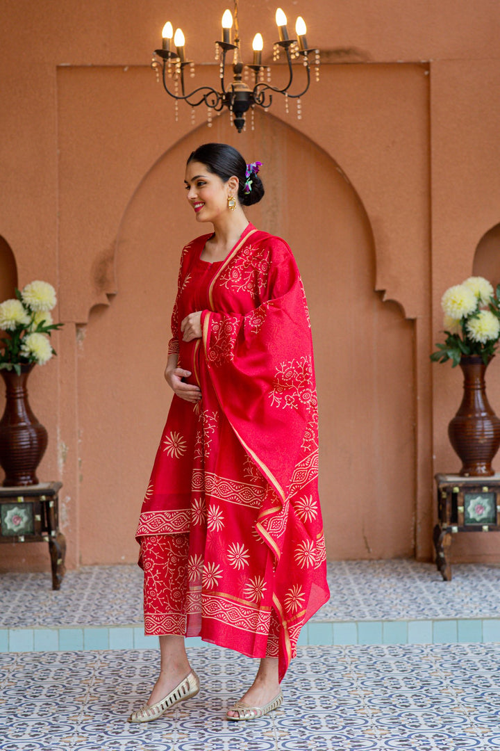 Premium Cherry Red Chanderi Maternity Kurta + Bump Band Bottom + Dupatta (3 pc) momzjoy.com