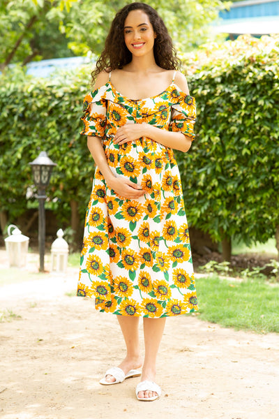Merry Blossom Yellow Off Shoulder Front Zip Maternity & Nursing Dress MOMZJOY.COM