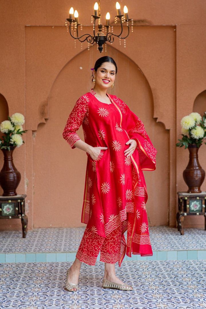 Premium Cherry Red Chanderi Maternity Kurta + Bump Band Bottom + Dupatta (3 pc) momzjoy.com