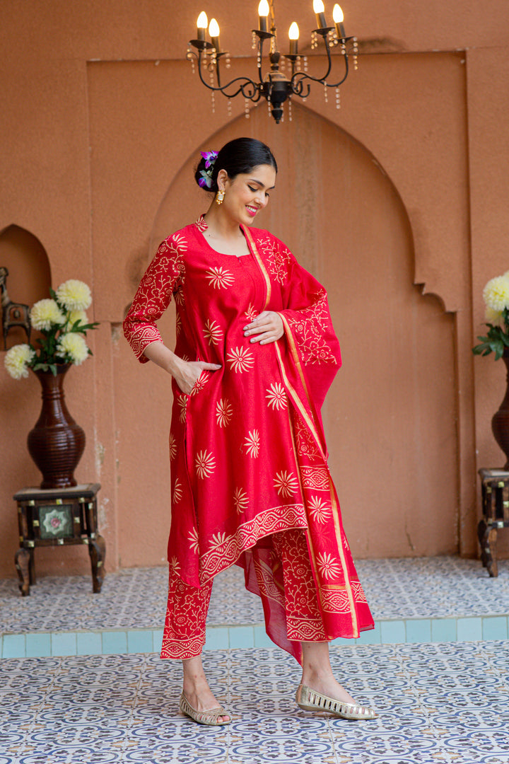 Premium Cherry Red Chanderi Maternity Kurta + Bump Band Bottom + Dupatta (3 pc) momzjoy.com