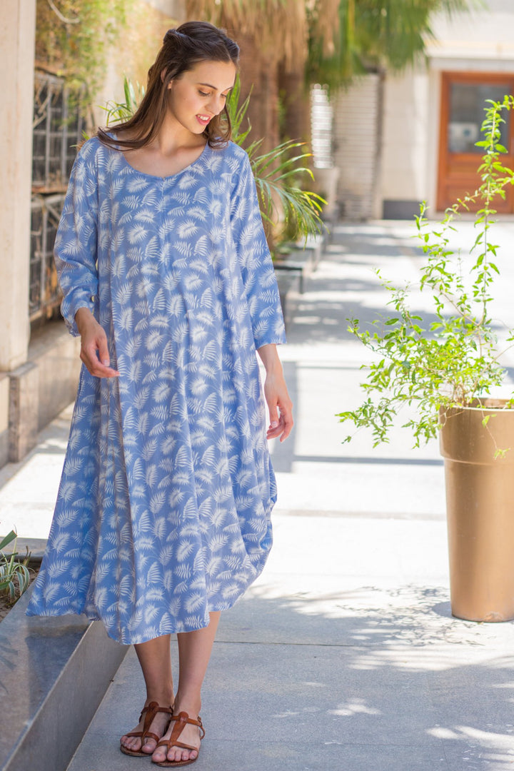 Powder Blue Leafy Maternity & Nursing Dual Dress Kurta - MOMZJOY.COM