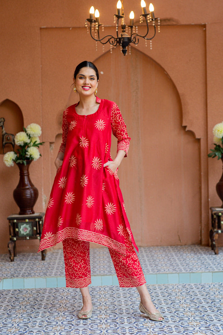 Premium Cherry Red Chanderi Maternity Kurta + Bump Band Bottom + Dupatta (3 pc) momzjoy.com