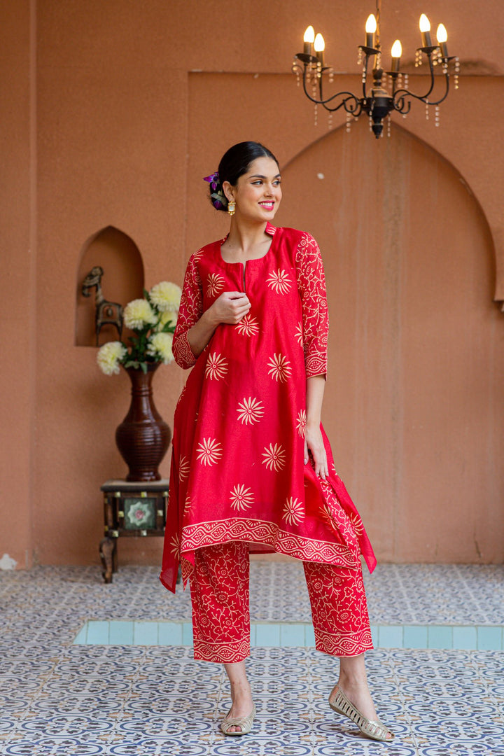 Premium Cherry Red Chanderi Maternity Kurta + Bump Band Bottom + Dupatta (3 pc) momzjoy.com