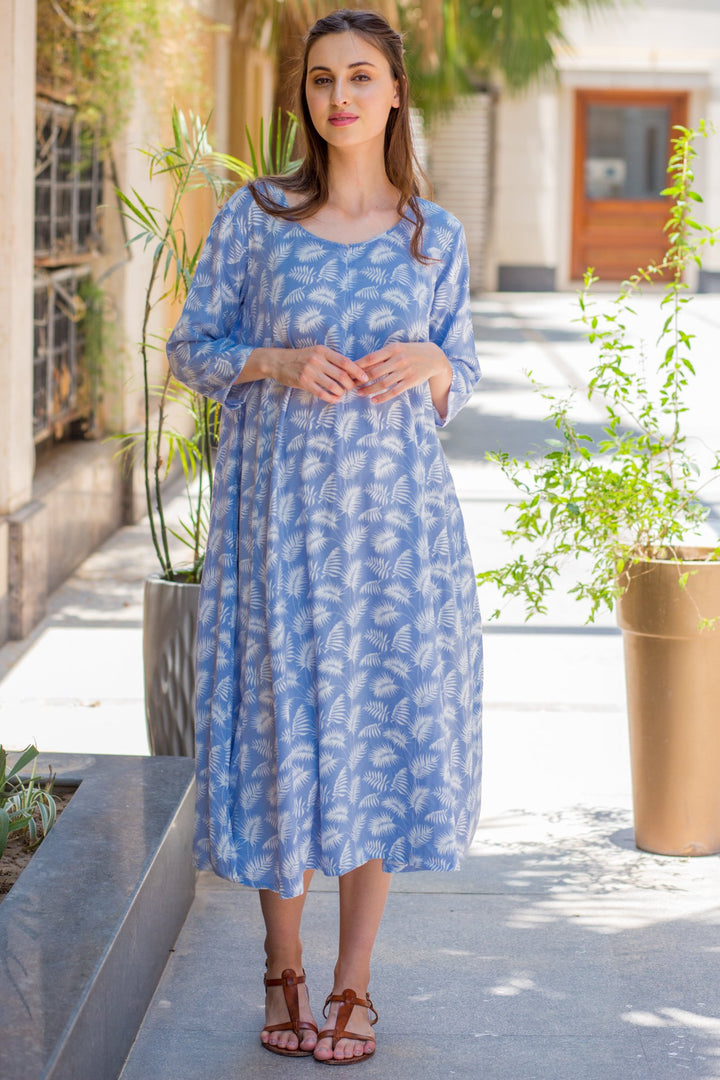 Powder Blue Leafy Maternity & Nursing Dual Dress Kurta - MOMZJOY.COM