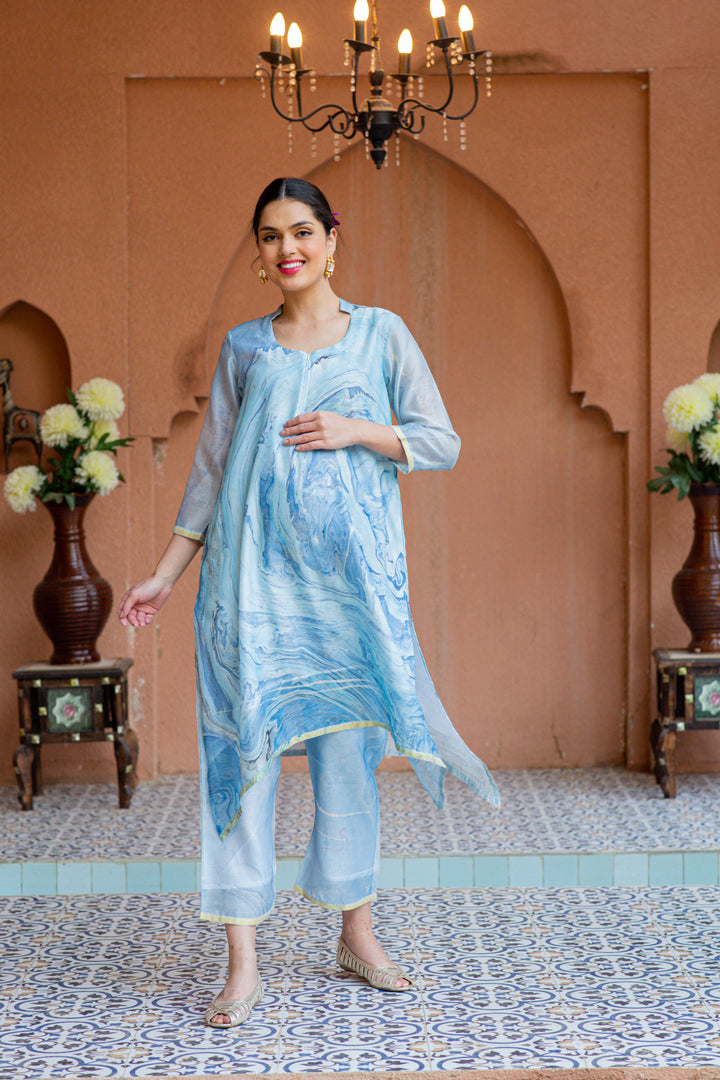 Premium Luxe Arctic Blue Chanderi Maternity & Nursing Kurta + Bump Band Bottom + Dupatta (3 pc) momzjoy.com