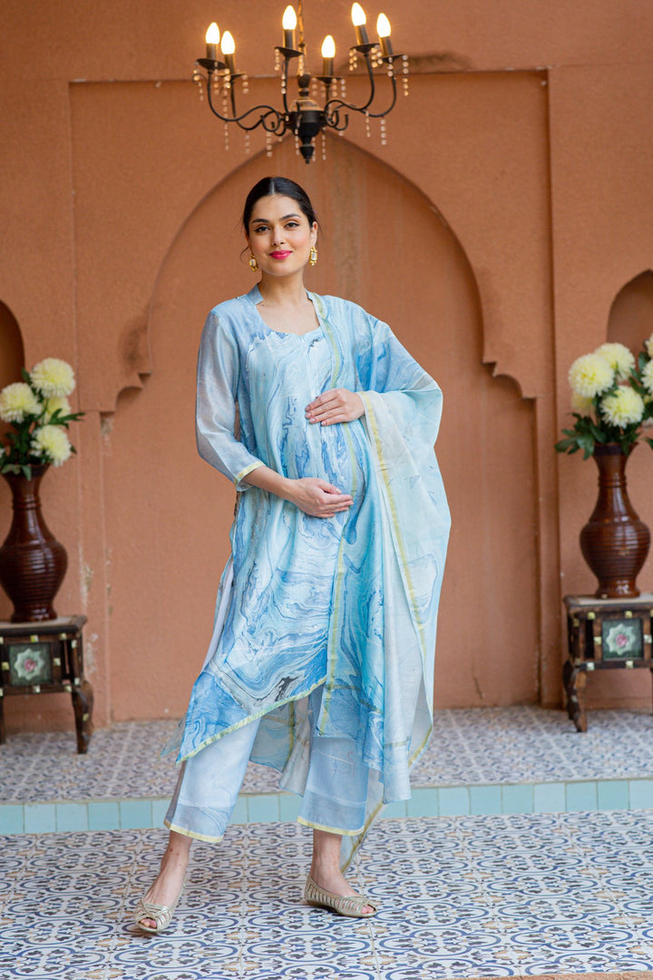 Premium Luxe Arctic Blue Chanderi Maternity & Nursing Kurta + Bump Band Bottom + Dupatta (3 pc) momzjoy.com