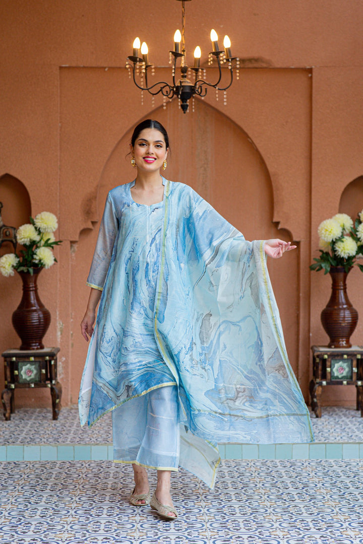 Premium Luxe Arctic Blue Chanderi Maternity & Nursing Kurta + Bump Band Bottom + Dupatta (3 pc) momzjoy.com