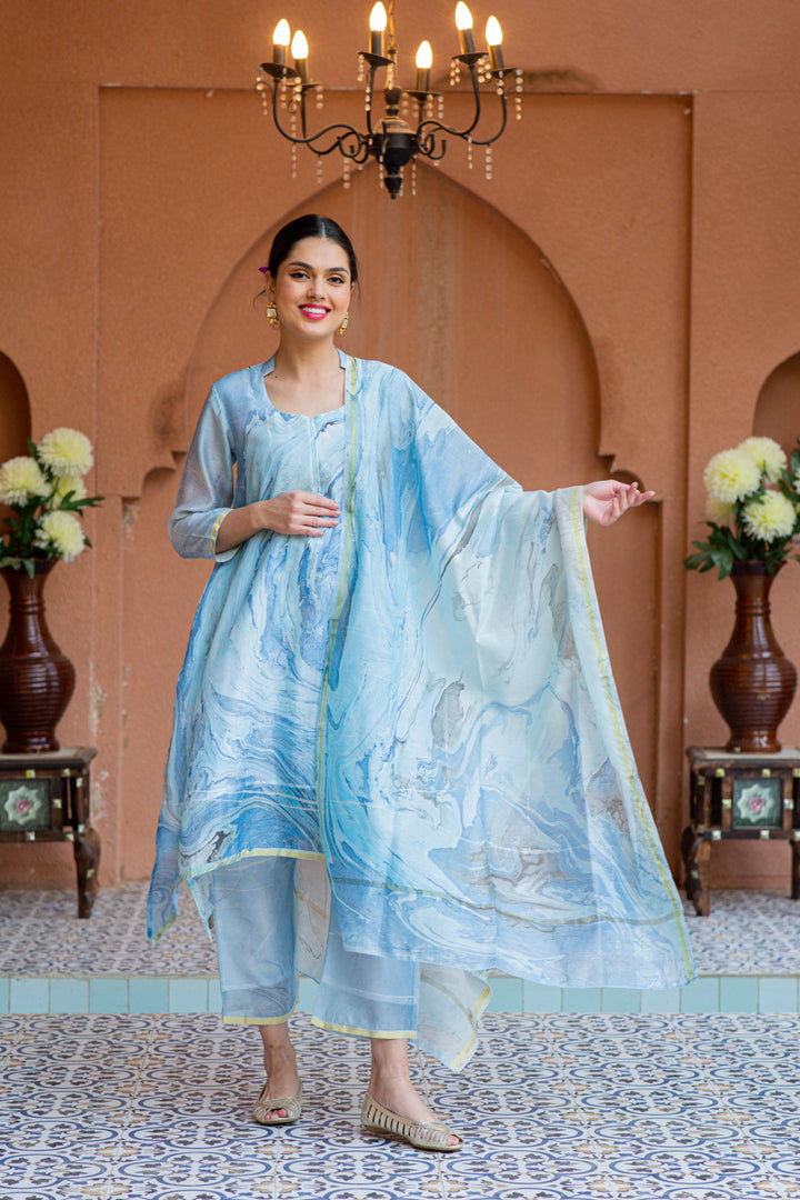 Premium Luxe Arctic Blue Chanderi Maternity & Nursing Kurta + Bump Band Bottom + Dupatta (3 pc) momzjoy.com