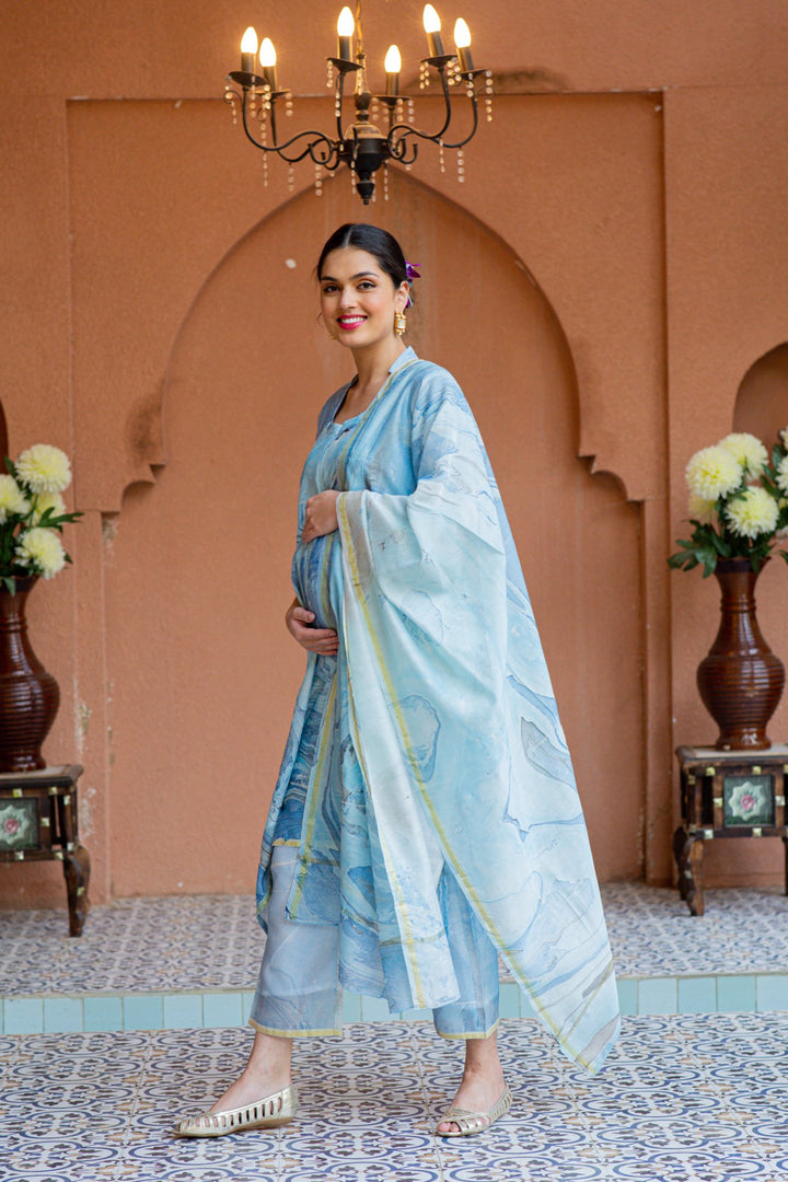 Premium Luxe Arctic Blue Chanderi Maternity & Nursing Kurta + Bump Band Bottom + Dupatta (3 pc) momzjoy.com