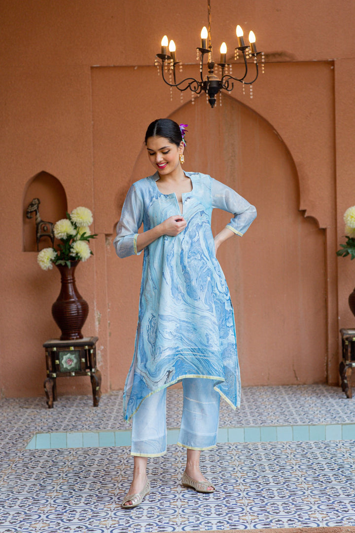 Premium Luxe Arctic Blue Chanderi Maternity & Nursing Kurta + Bump Band Bottom + Dupatta (3 pc) momzjoy.com